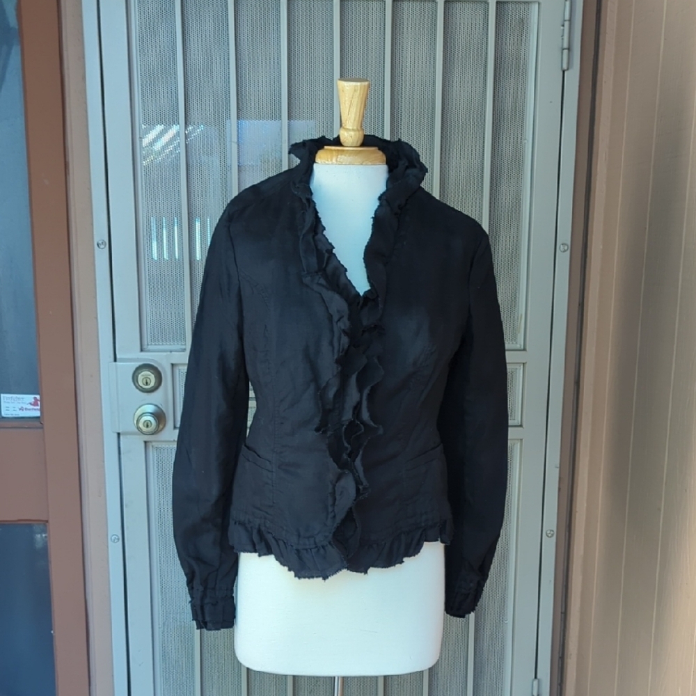 INC International Concepts Black Ruffle-Trim Linen Blazer